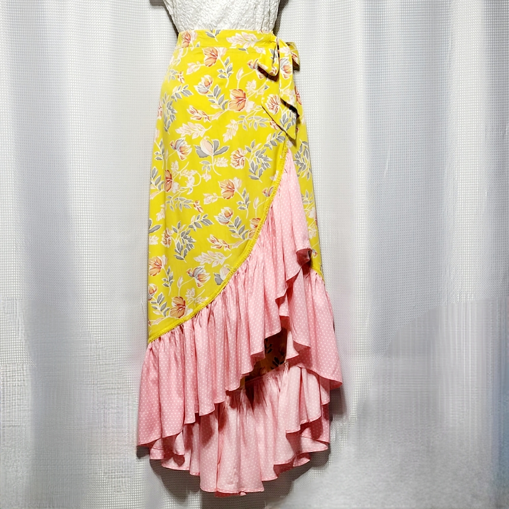 Solitaire Yellow Floral & Pink Ruffle Maxi Skirt